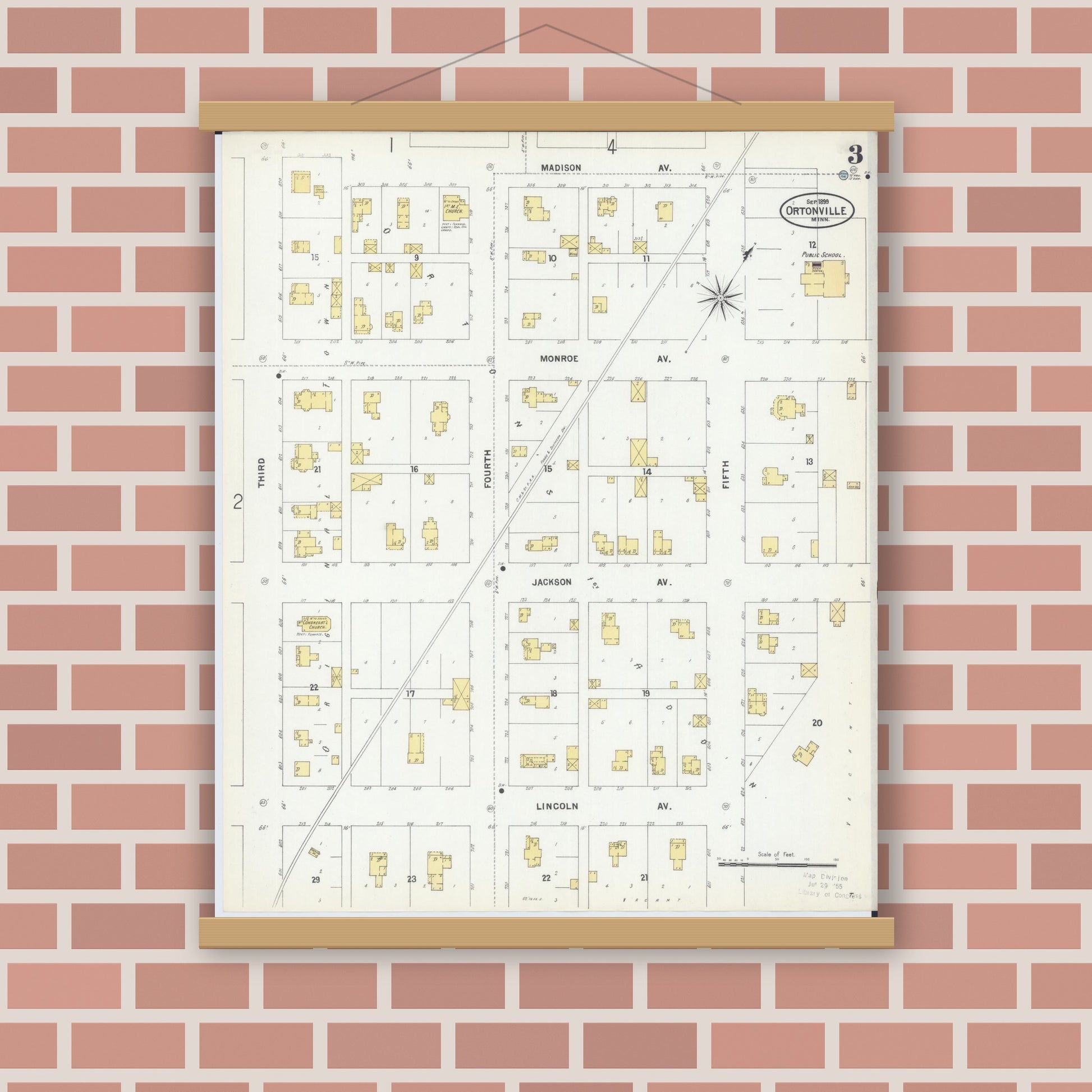 Old map wall art mockup — magnetic wood frame on brick wall — Sanborn Fire Insurance Map from Ortonville, Big Stone County, Minnesota (1899), Sheet #0003