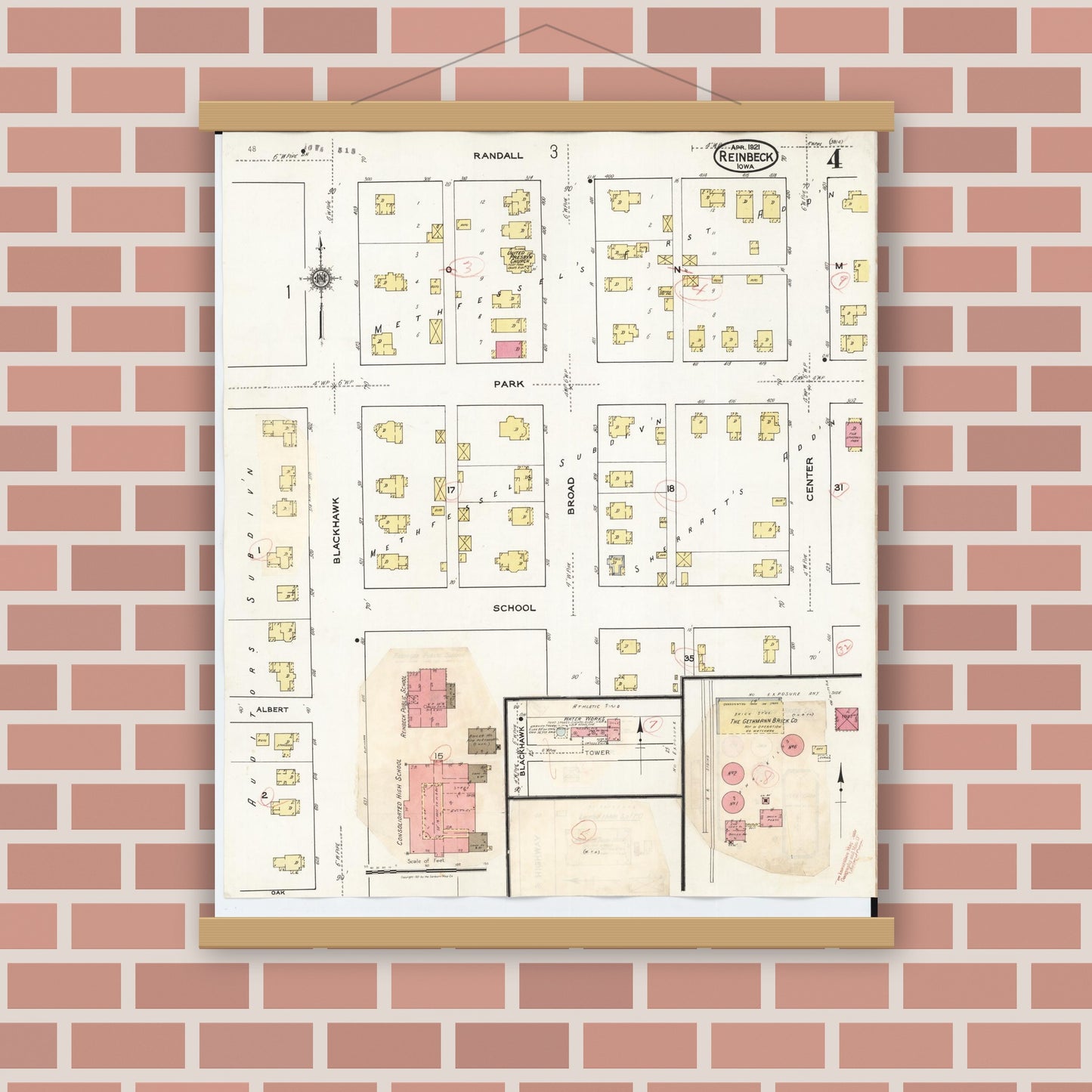 Old map wall art mockup — magnetic wood frame on brick wall — Sanborn Fire Insurance Map from Reinbeck, Grundy County, Iowa (1935), Sheet #0004