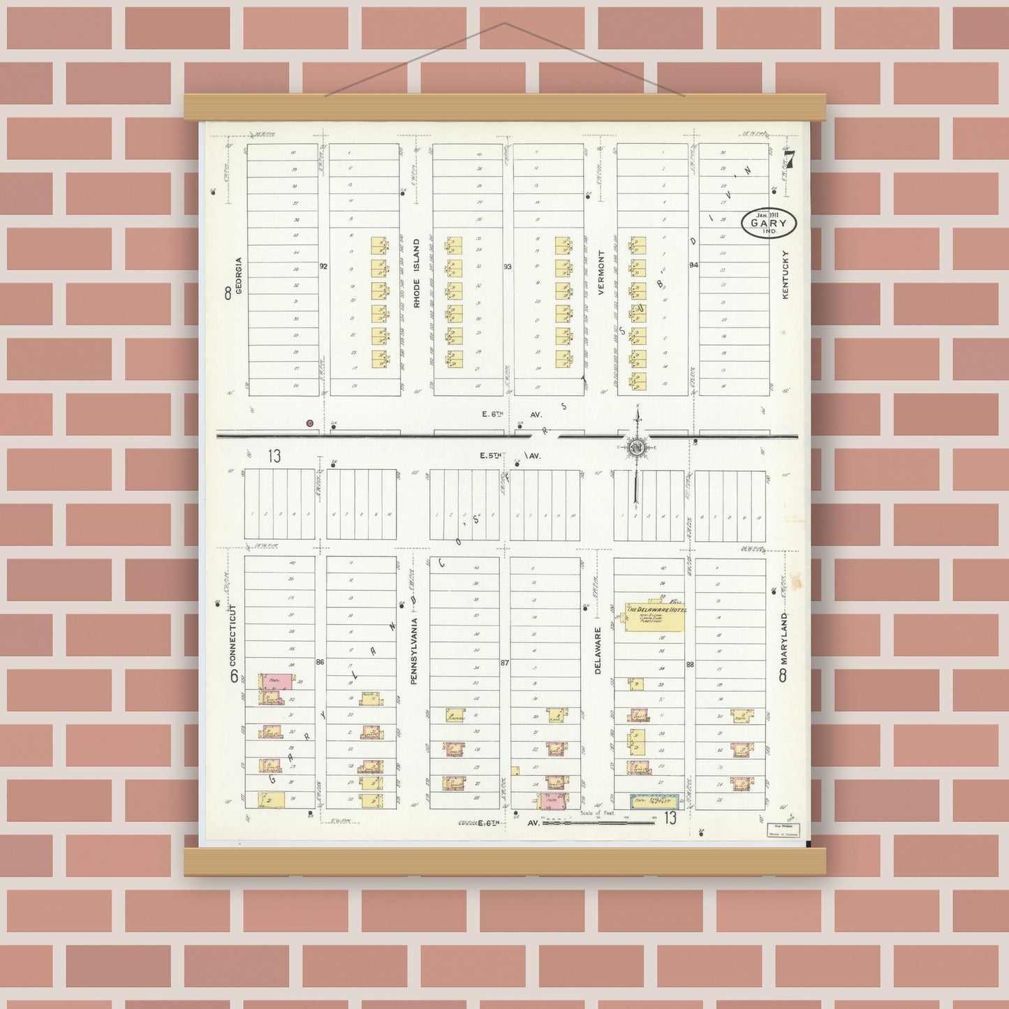 Old map wall art mockup — magnetic wood frame on brick wall — Sanborn Fire Insurance Map from Gary, Lake County, Indiana (1911), Sheet #0007