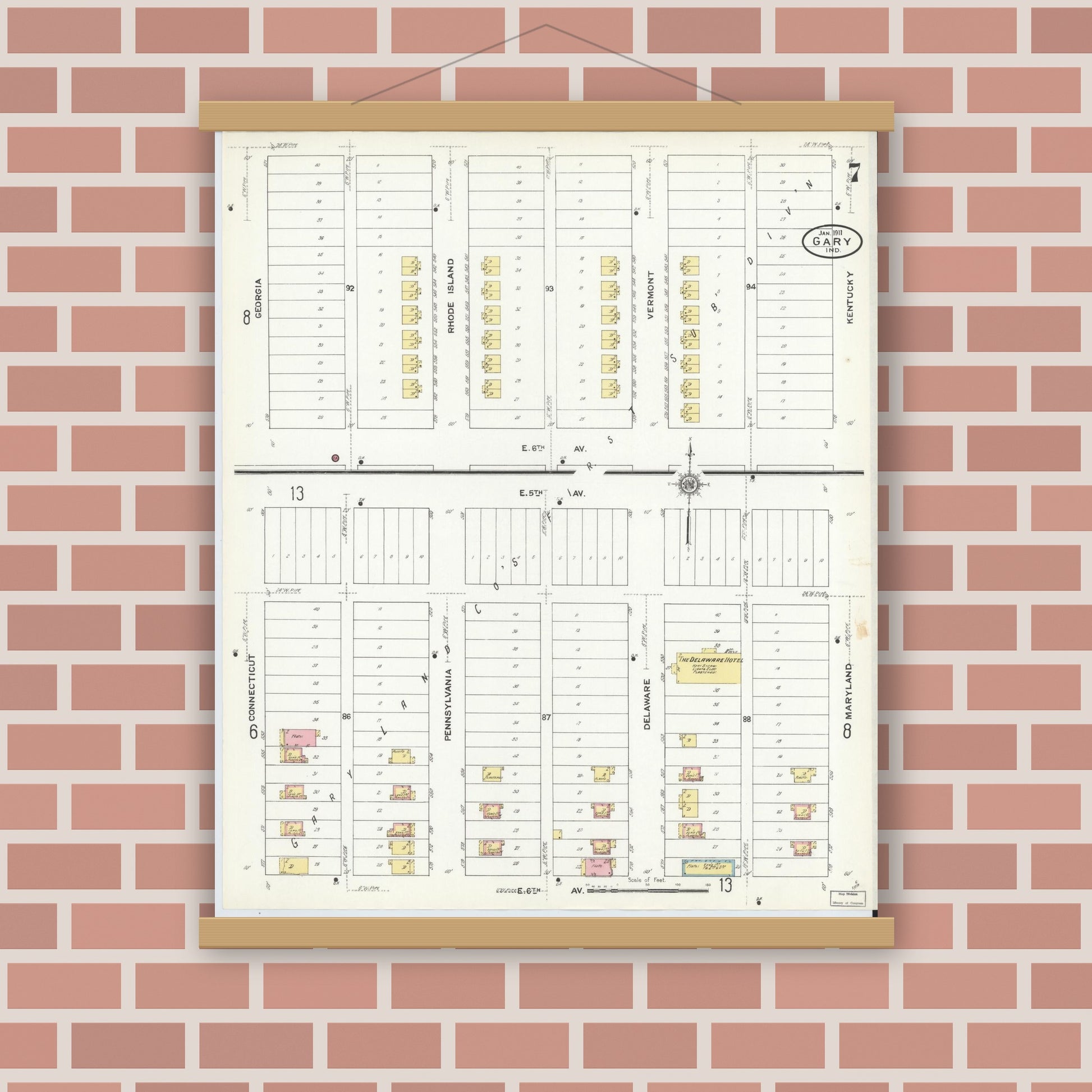 Old map wall art mockup — magnetic wood frame on brick wall — Sanborn Fire Insurance Map from Gary, Lake County, Indiana (1911), Sheet #0007