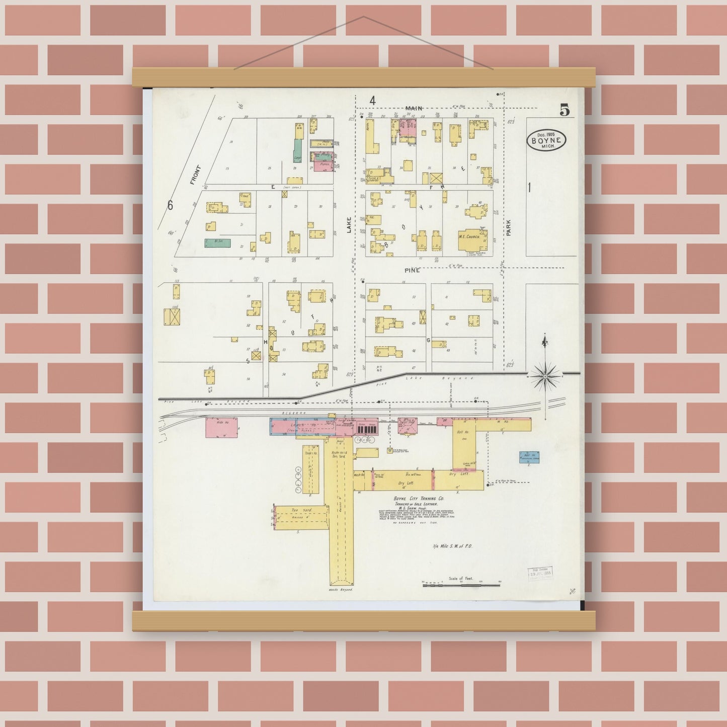 Old map wall art mockup — magnetic wood frame on brick wall — Sanborn Fire Insurance Map from Boyne City, Charlevoix County, Michigan (1905), Sheet #0005