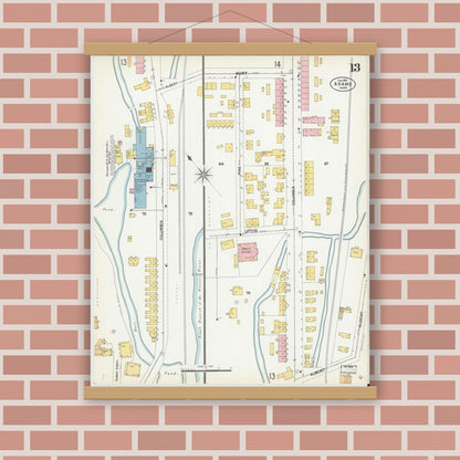 Old map wall art mockup — magnetic wood frame on brick wall — Sanborn Fire Insurance Map from Adams, Berkshire County, Massachusetts (1901), Sheet #0013