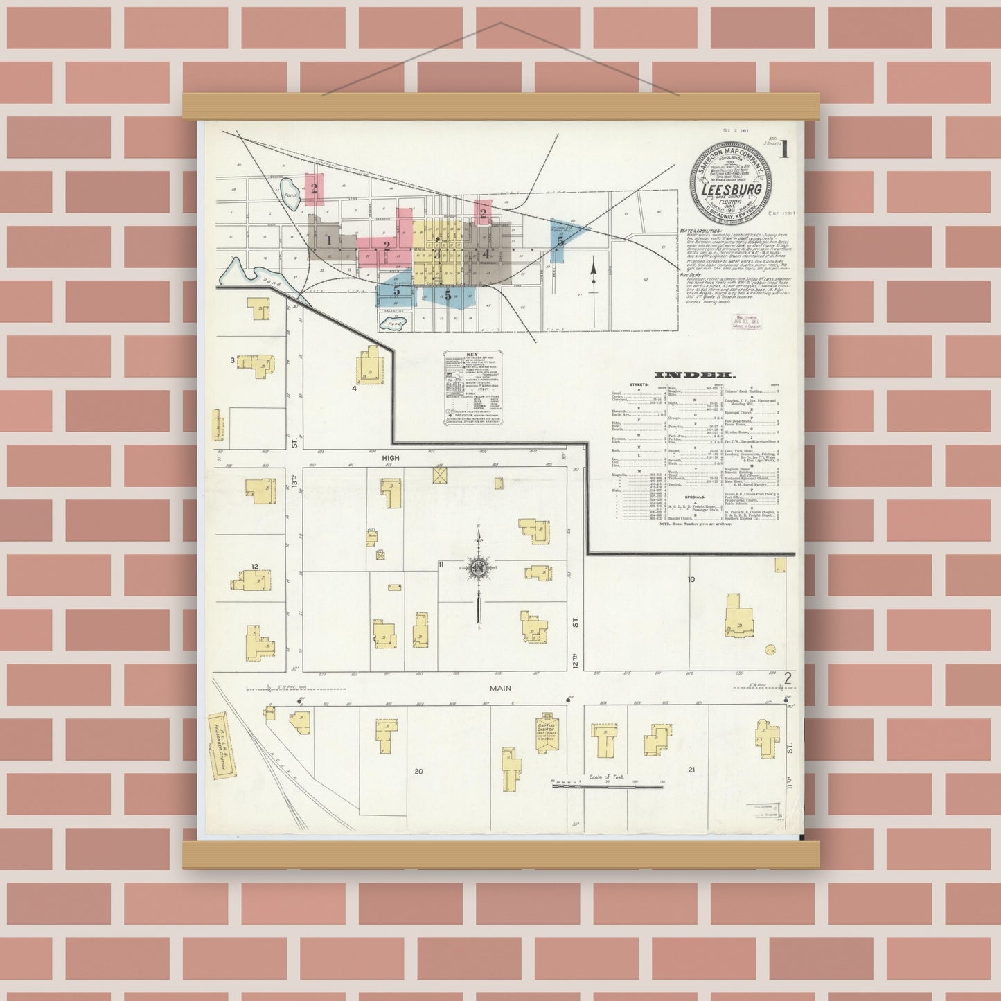 Old map wall art mockup — magnetic wood frame on brick wall — Sanborn Fire Insurance Map from Leesburg, Lake County, Florida (1911) - Complete Map Set