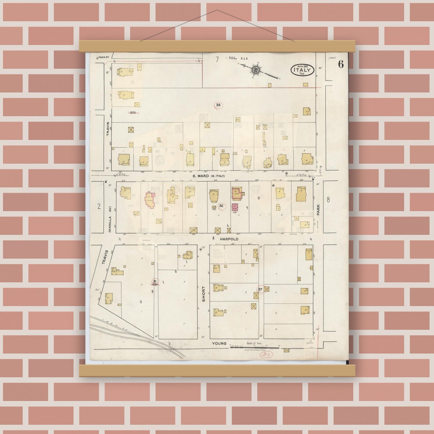 Old map wall art mockup — magnetic wood frame on brick wall — Sanborn Fire Insurance Map from Italy, Ellis County, Texas (1944), Sheet #0006