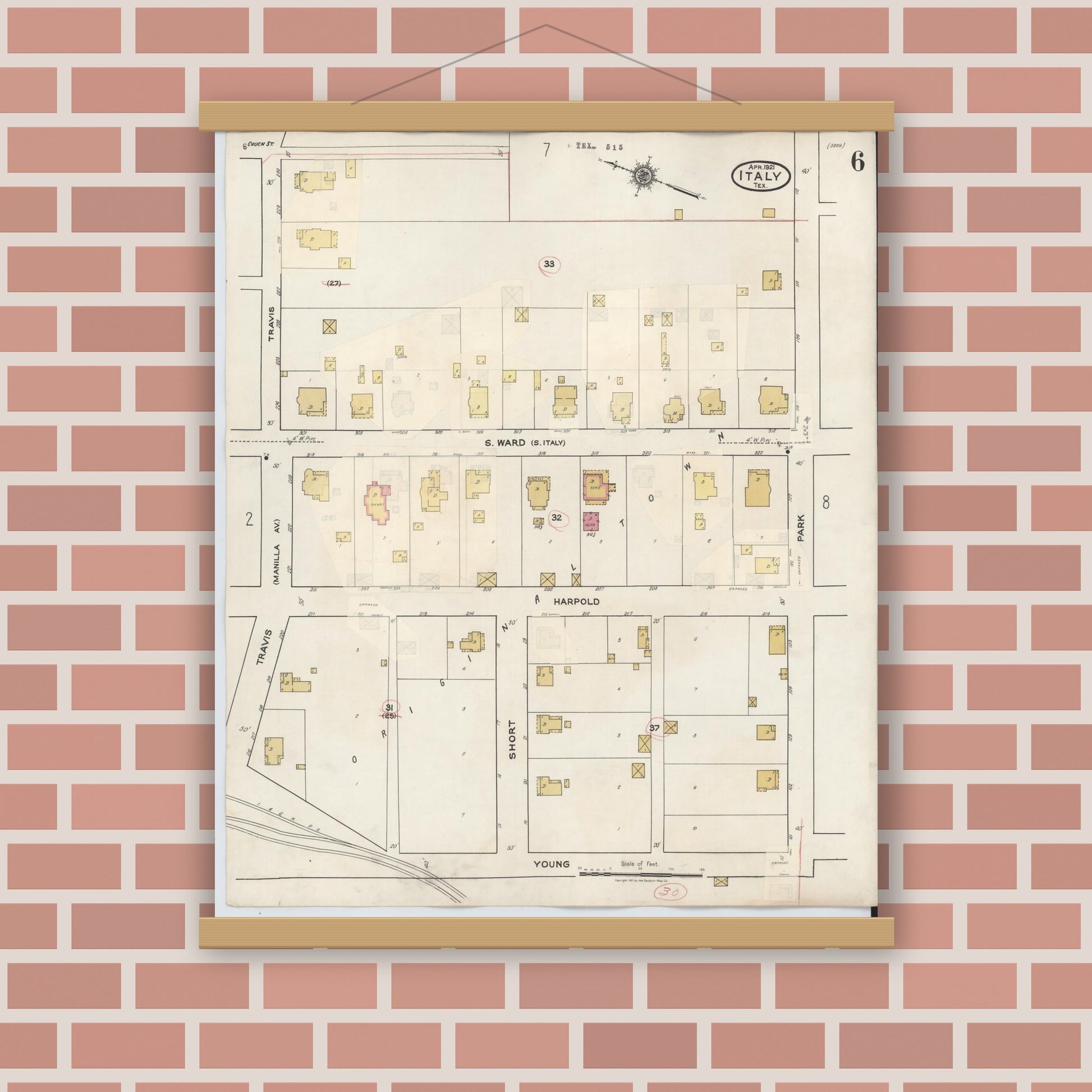 Old map wall art mockup — magnetic wood frame on brick wall — Sanborn Fire Insurance Map from Italy, Ellis County, Texas (1944), Sheet #0006