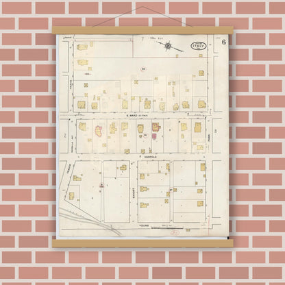 Old map wall art mockup — magnetic wood frame on brick wall — Sanborn Fire Insurance Map from Italy, Ellis County, Texas (1944), Sheet #0006