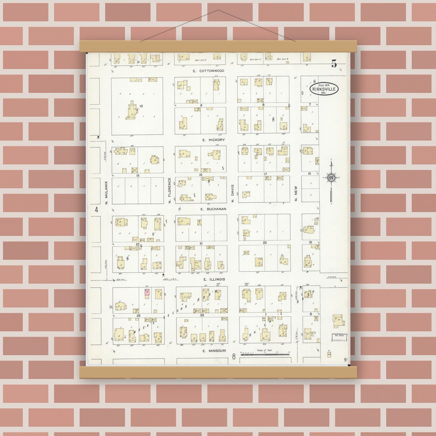Old map wall art mockup — magnetic wood frame on brick wall — Sanborn Fire Insurance Map from Kirksville, Adair County, Missouri (1914), Sheet #0005