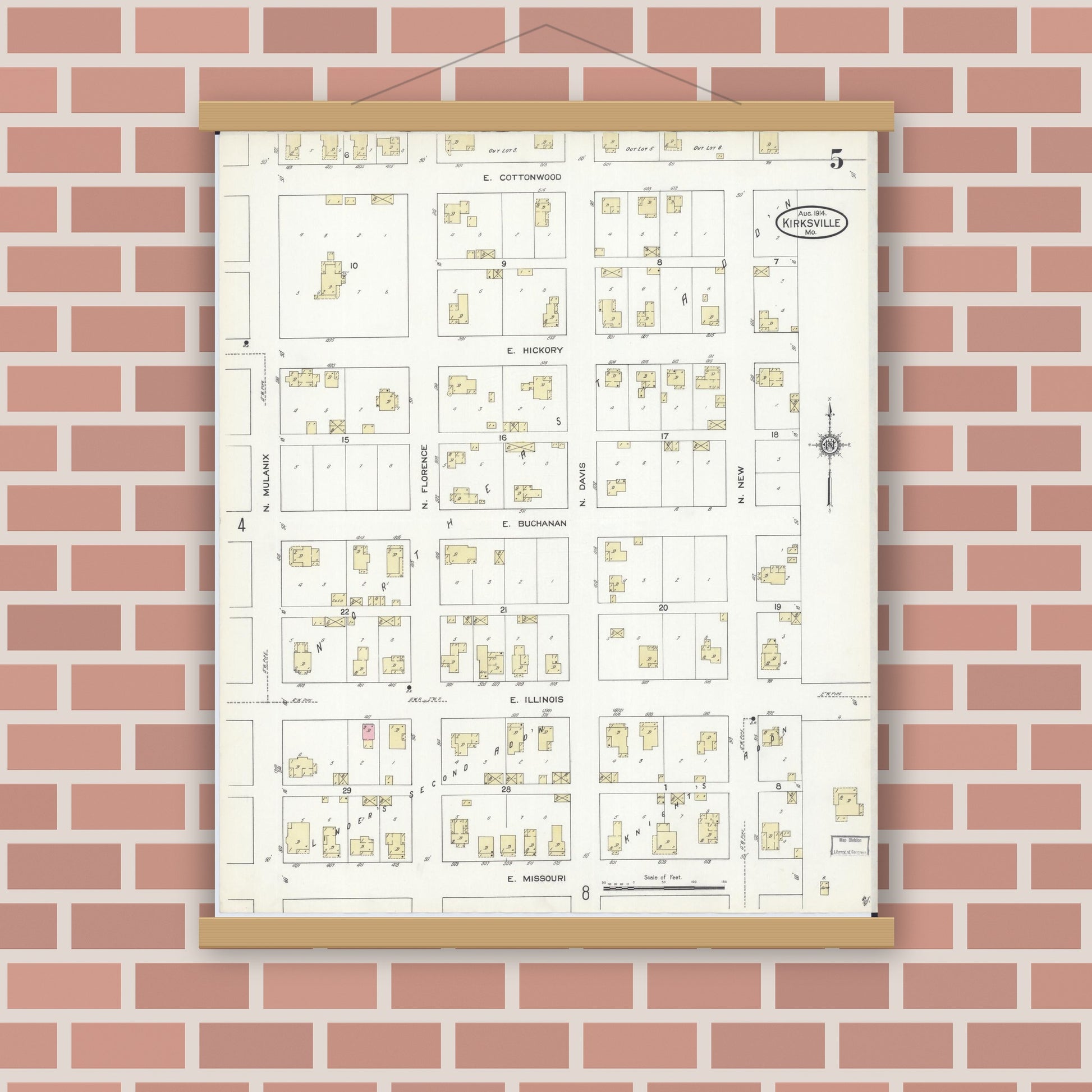 Old map wall art mockup — magnetic wood frame on brick wall — Sanborn Fire Insurance Map from Kirksville, Adair County, Missouri (1914), Sheet #0005
