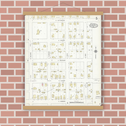Old map wall art mockup — magnetic wood frame on brick wall — Sanborn Fire Insurance Map from Kirksville, Adair County, Missouri (1914), Sheet #0005