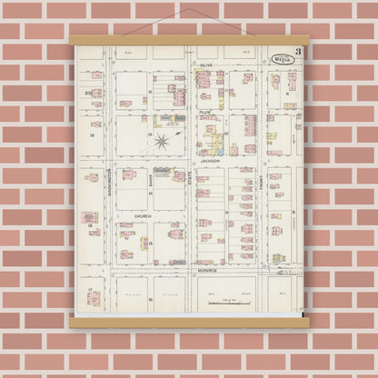Old map wall art mockup — magnetic wood frame on brick wall — Sanborn Fire Insurance Map from Media, Delaware County, Pennsylvania (1887), Sheet #0003