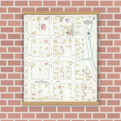 Old map wall art mockup — magnetic wood frame on brick wall — Sanborn Fire Insurance Map from Petersburg, Menard County, Illinois (1914), Sheet #0006