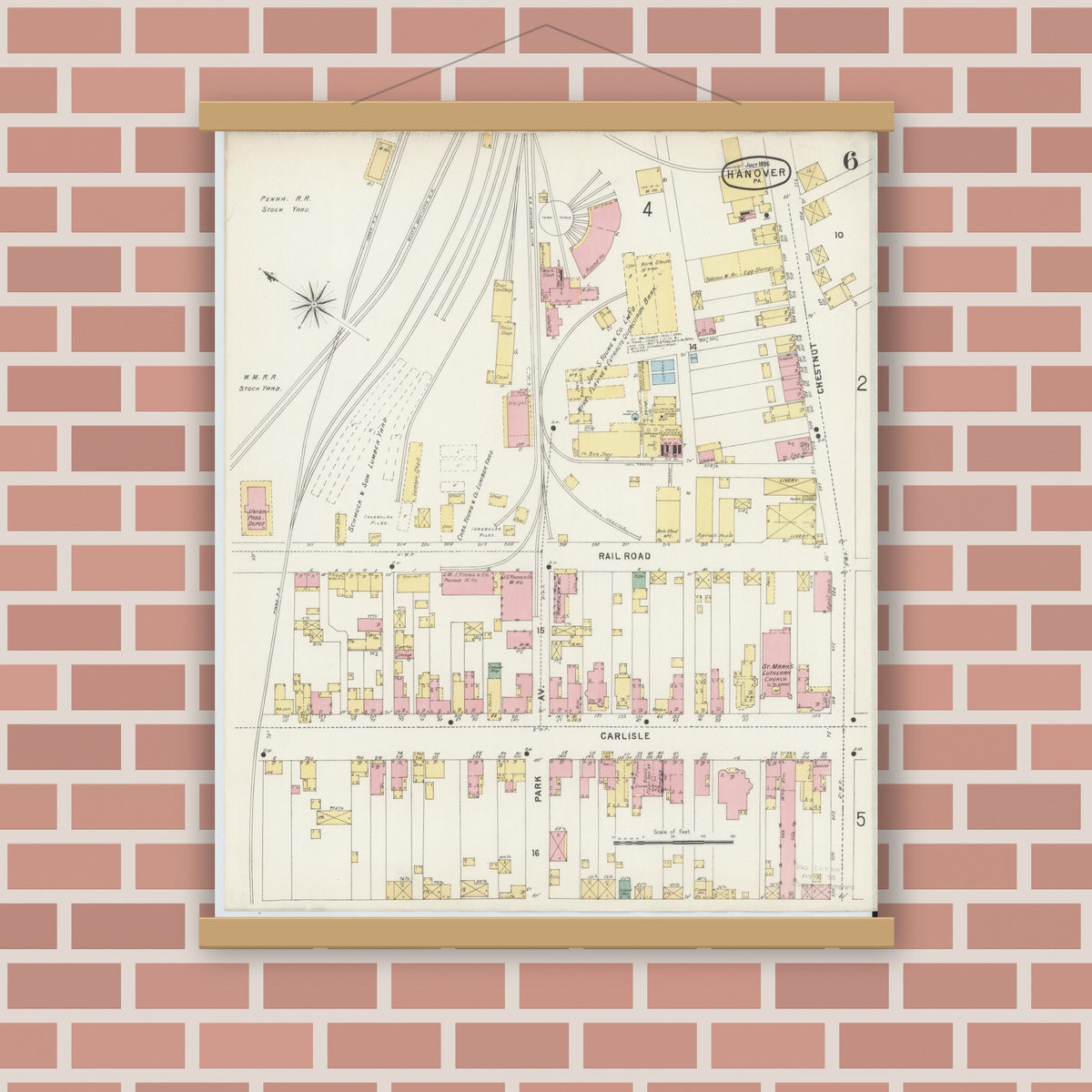 Old map wall art mockup — magnetic wood frame on brick wall — Sanborn Fire Insurance Map from Hanover, York County, Pennsylvania (1896), Sheet #0006
