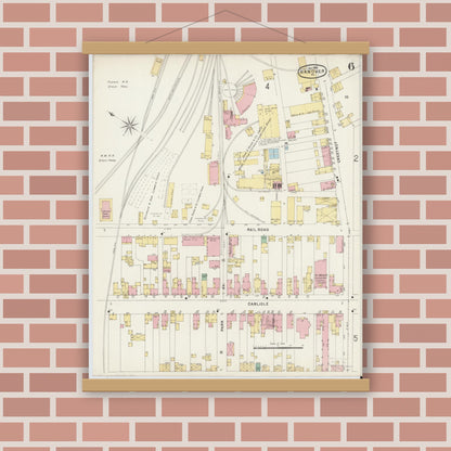 Old map wall art mockup — magnetic wood frame on brick wall — Sanborn Fire Insurance Map from Hanover, York County, Pennsylvania (1896), Sheet #0006