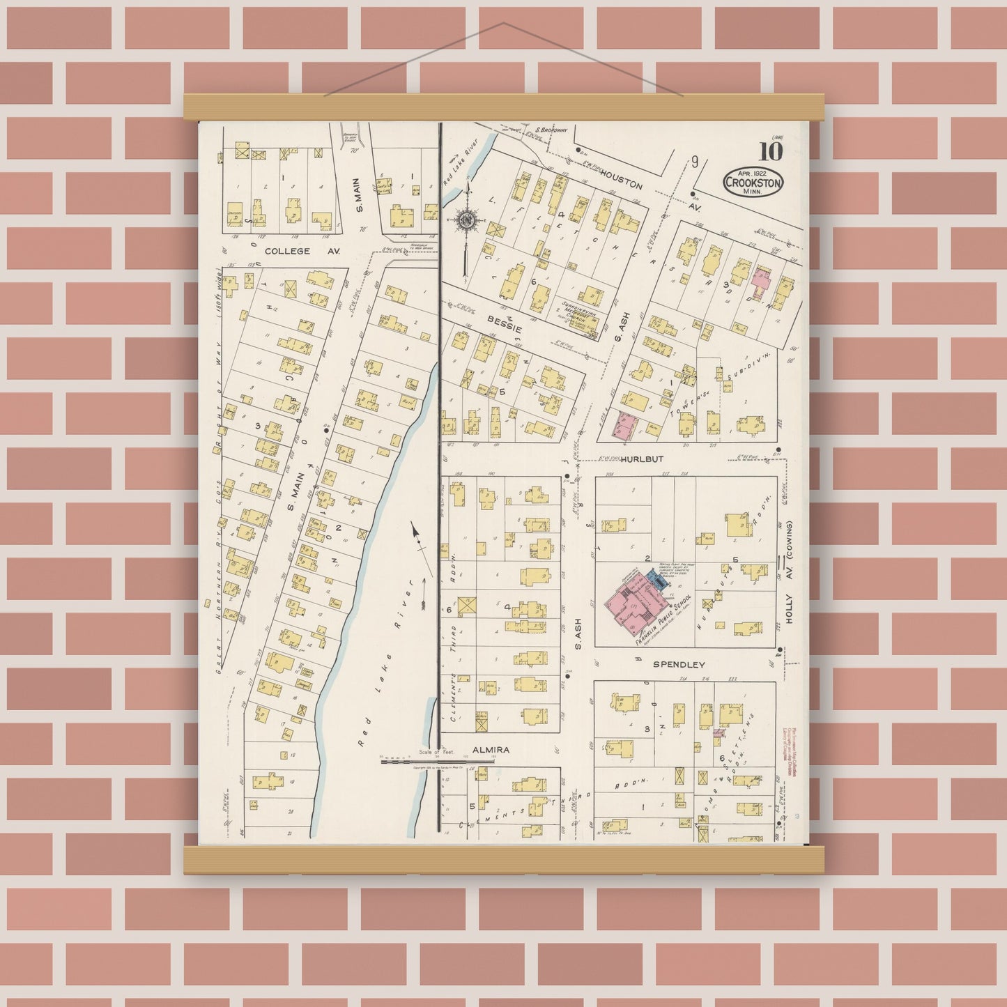 Old map wall art mockup — magnetic wood frame on brick wall — Sanborn Fire Insurance Map from Crookston, Polk County, Minnesota (1922), Sheet #0010