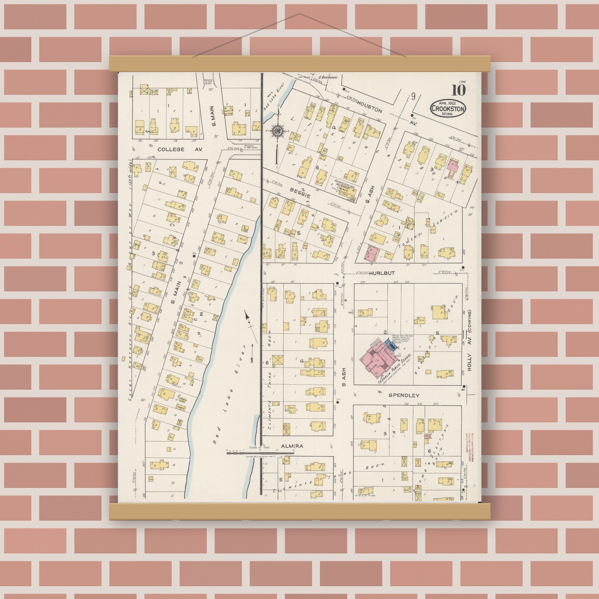 Old map wall art mockup — magnetic wood frame on brick wall — Sanborn Fire Insurance Map from Crookston, Polk County, Minnesota (1922), Sheet #0010