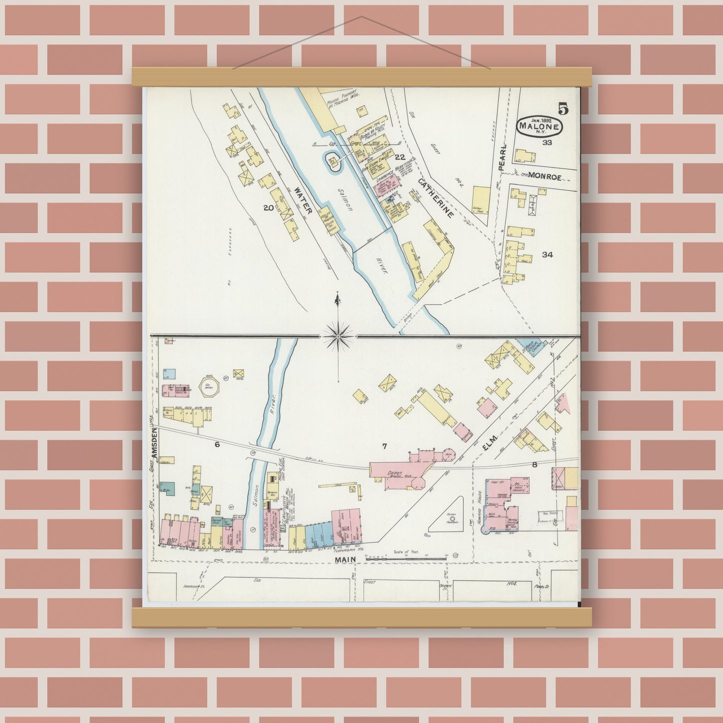Old map wall art mockup — magnetic wood frame on brick wall — Sanborn Fire Insurance Map from Malone, Franklin County, New York (1892), Sheet #0005