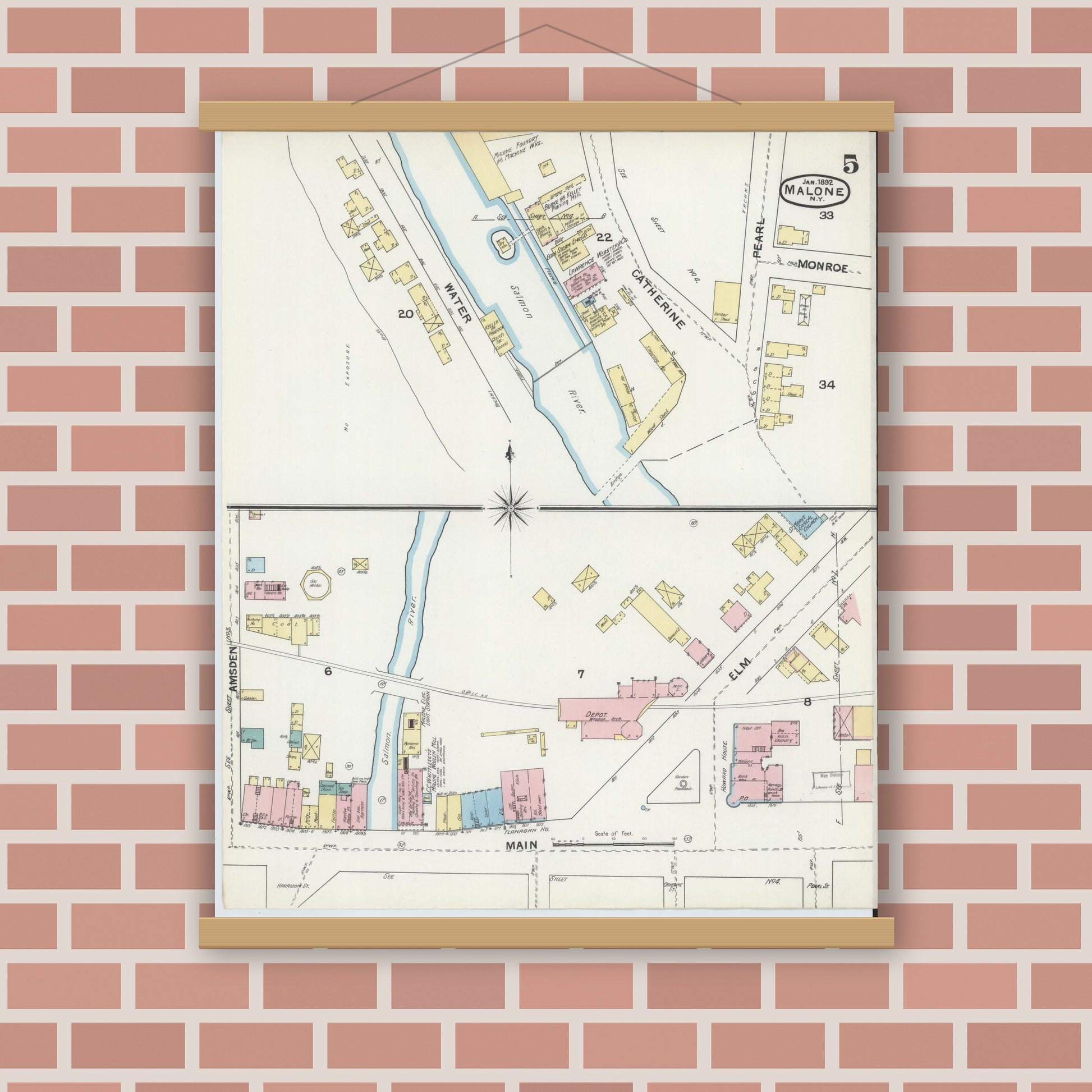 Old map wall art mockup — magnetic wood frame on brick wall — Sanborn Fire Insurance Map from Malone, Franklin County, New York (1892), Sheet #0005