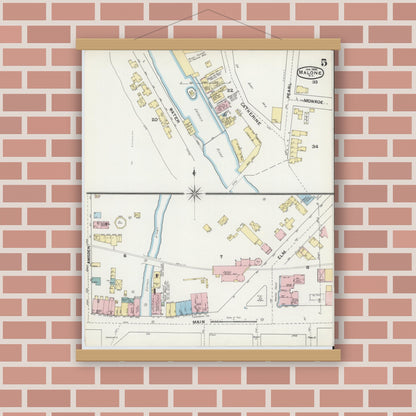 Old map wall art mockup — magnetic wood frame on brick wall — Sanborn Fire Insurance Map from Malone, Franklin County, New York (1892), Sheet #0005