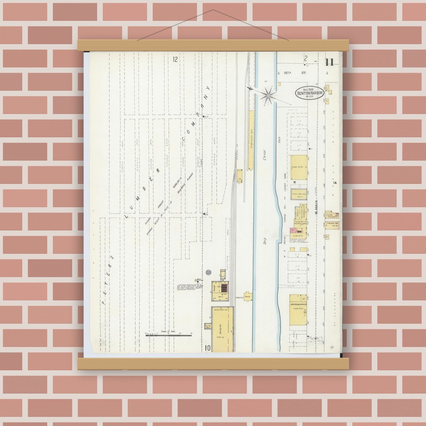 Old map wall art mockup — magnetic wood frame on brick wall — Sanborn Fire Insurance Map from Benton Harbor, Berrien County, Michigan (1905), Sheet #0011