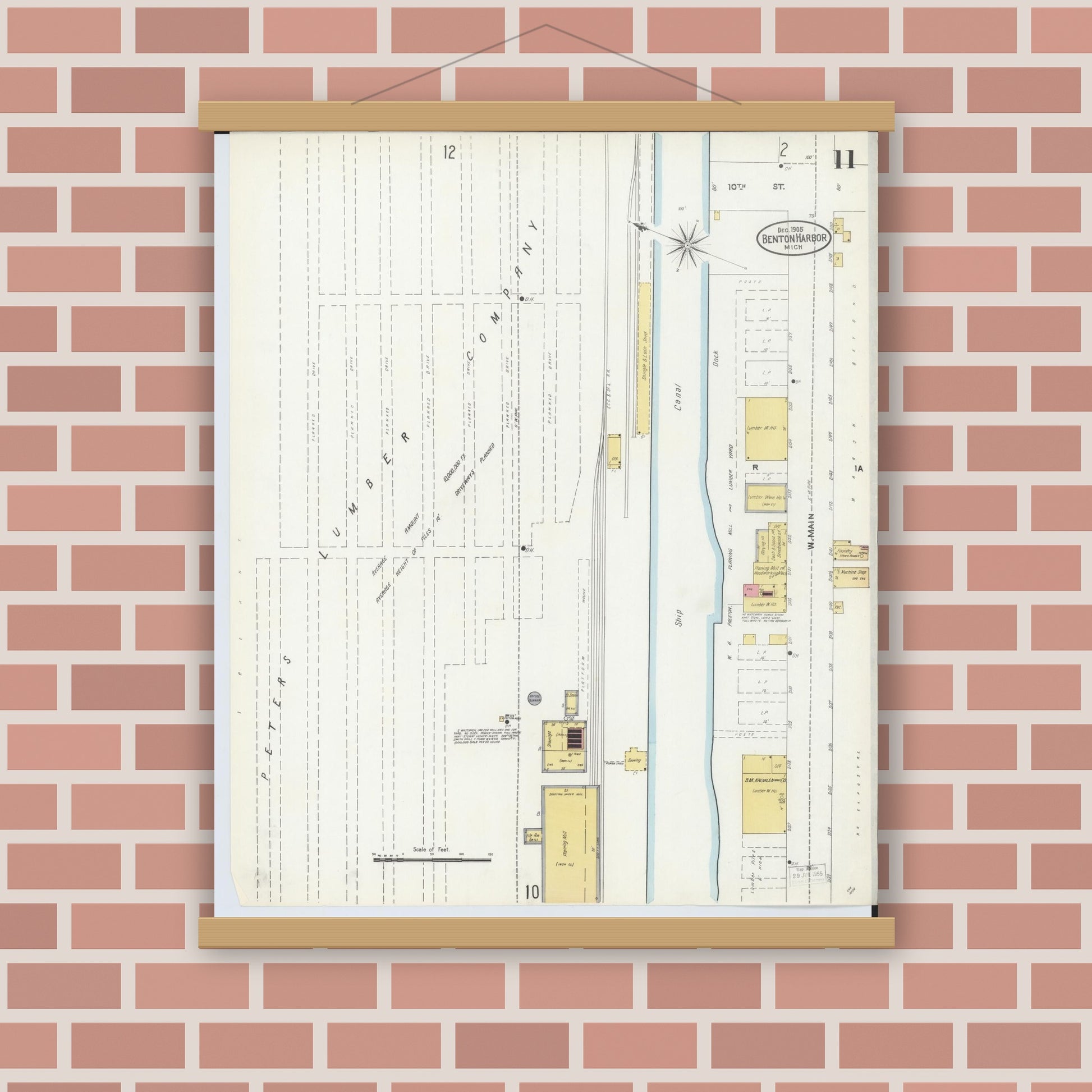 Old map wall art mockup — magnetic wood frame on brick wall — Sanborn Fire Insurance Map from Benton Harbor, Berrien County, Michigan (1905), Sheet #0011