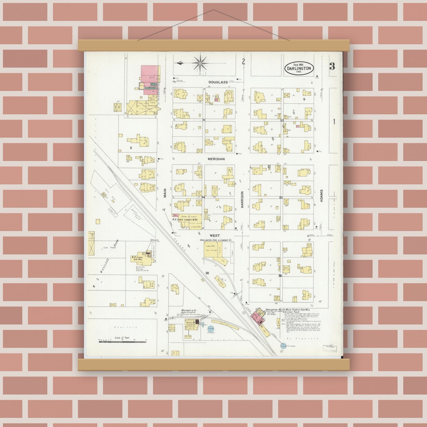 Old map wall art mockup — magnetic wood frame on brick wall — Sanborn Fire Insurance Map from Darlington, Montgomery County, Indiana (1909), Sheet #0003