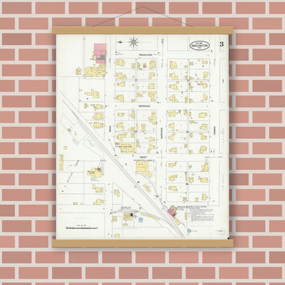 Old map wall art mockup — magnetic wood frame on brick wall — Sanborn Fire Insurance Map from Darlington, Montgomery County, Indiana (1909), Sheet #0003