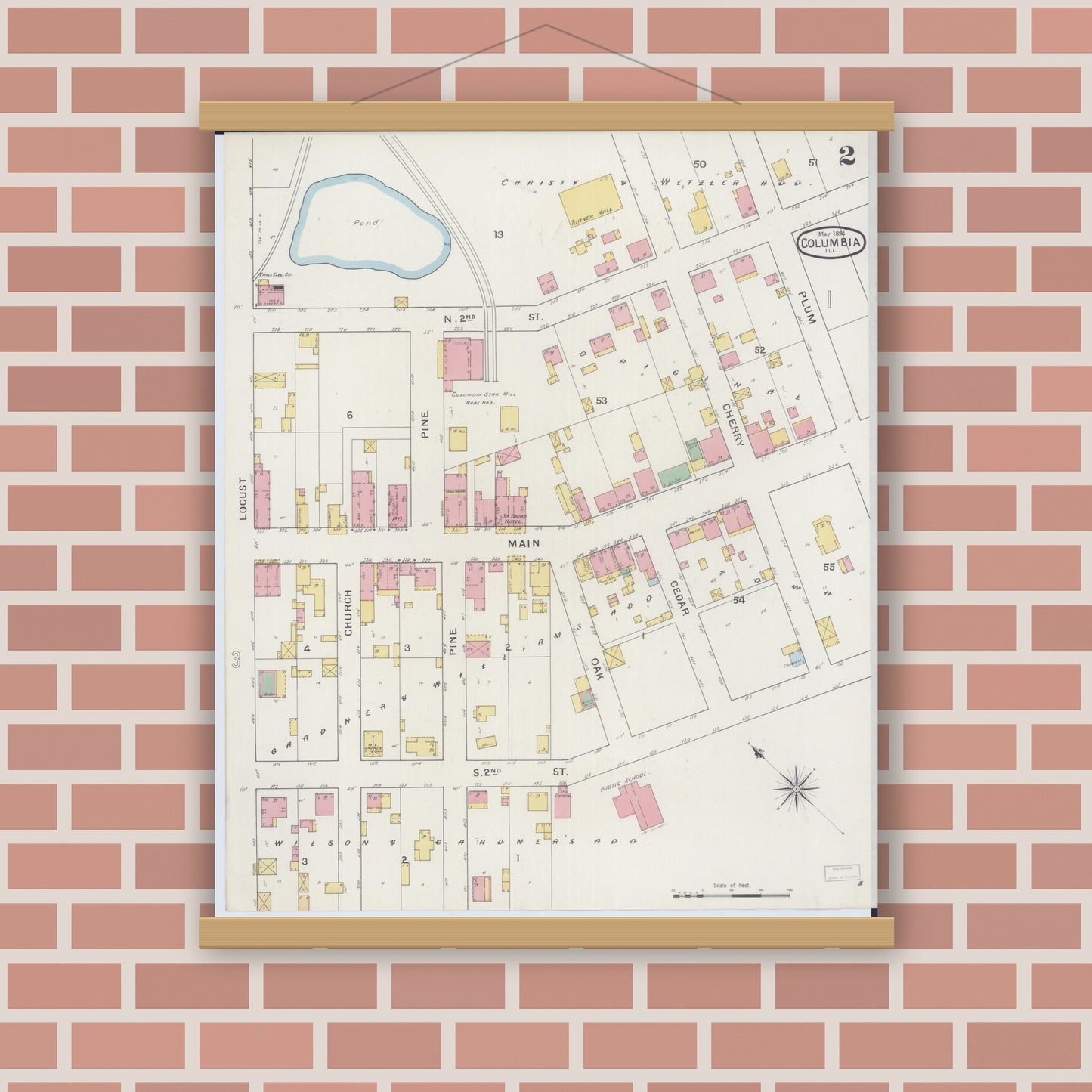 Old map wall art mockup — magnetic wood frame on brick wall — Sanborn Fire Insurance Map from Columbia, Monroe County, Illinois (1894), Sheet #0002
