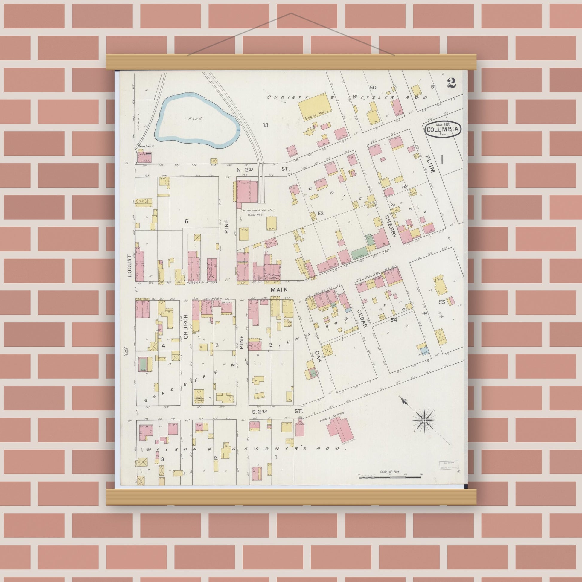 Old map wall art mockup — magnetic wood frame on brick wall — Sanborn Fire Insurance Map from Columbia, Monroe County, Illinois (1894), Sheet #0002