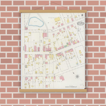 Old map wall art mockup — magnetic wood frame on brick wall — Sanborn Fire Insurance Map from Columbia, Monroe County, Illinois (1894), Sheet #0002