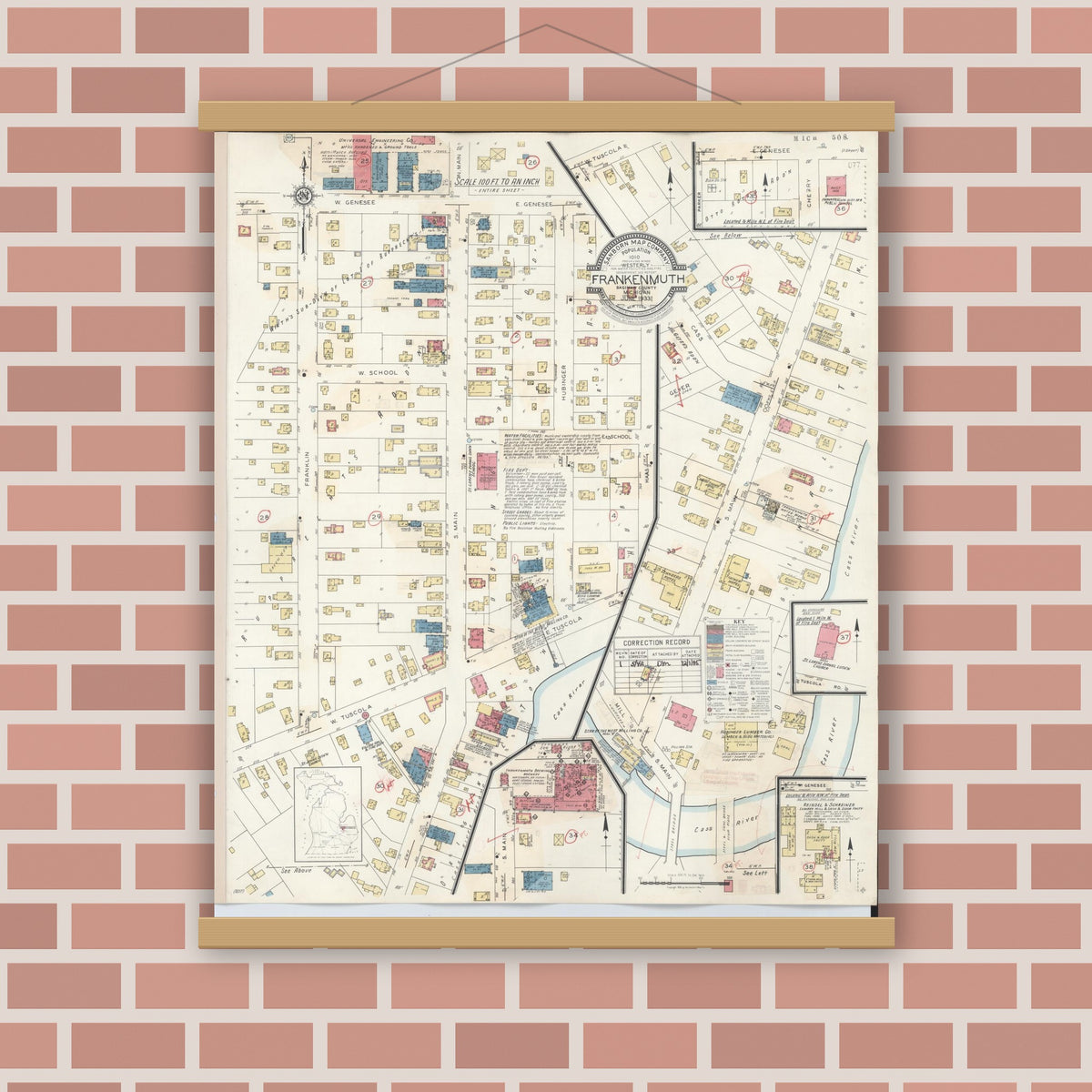 Old map wall art mockup — magnetic wood frame on brick wall — Sanborn Fire Insurance Map from Frankenmuth, Saginaw County, Michigan (1942), Sheet #0001