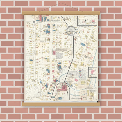 Old map wall art mockup — magnetic wood frame on brick wall — Sanborn Fire Insurance Map from Frankenmuth, Saginaw County, Michigan (1942), Sheet #0001
