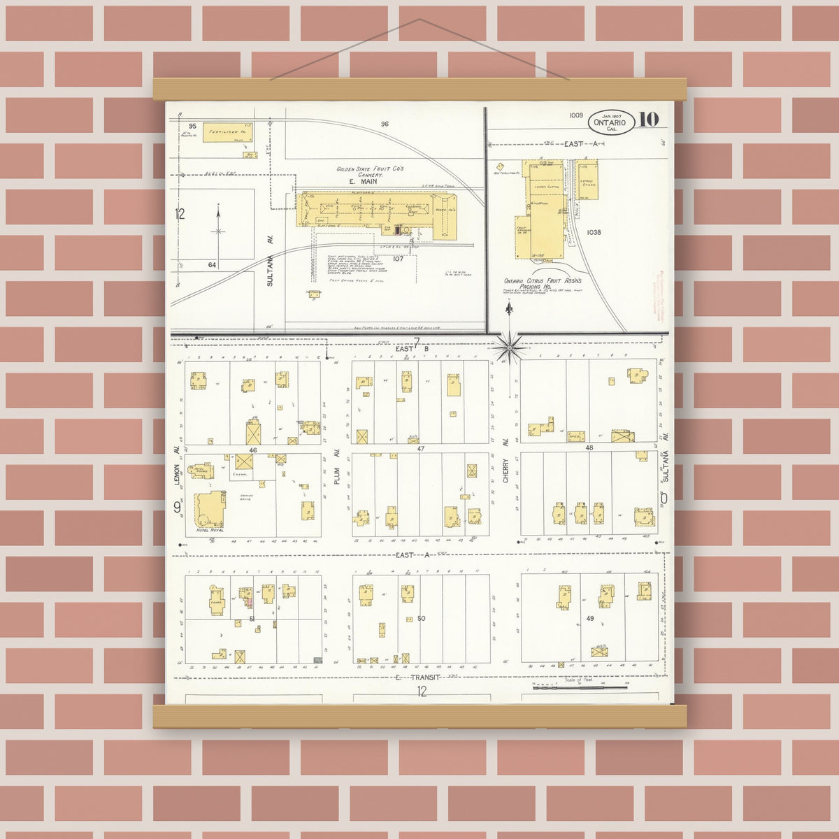 Old map wall art mockup — magnetic wood frame on brick wall — Sanborn Fire Insurance Map from Ontario, San Bernardino County, California (1907), Sheet #0010