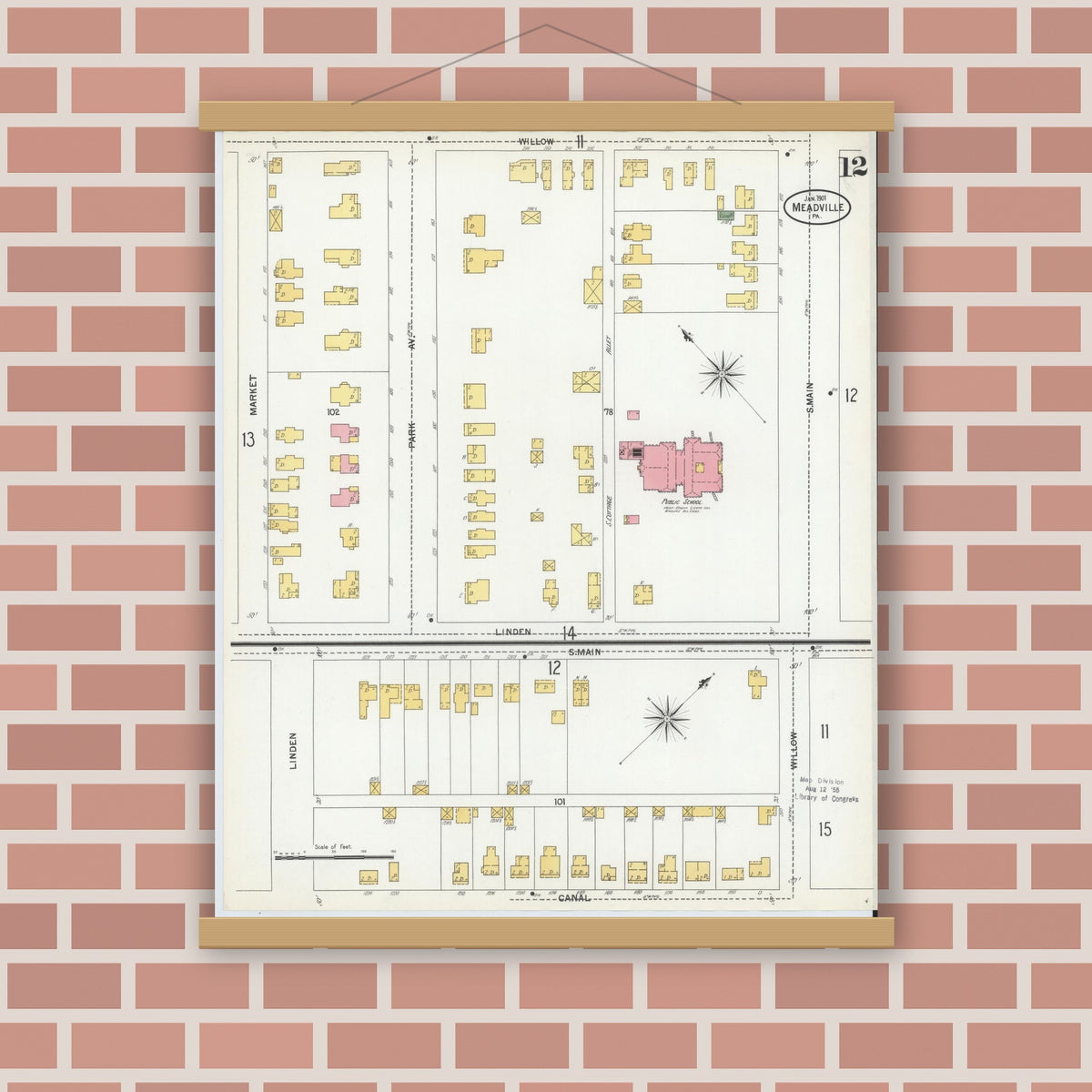 Old map wall art mockup — magnetic wood frame on brick wall — Sanborn Fire Insurance Map from Meadville, Crawford County, Pennsylvania (1901), Sheet #0012