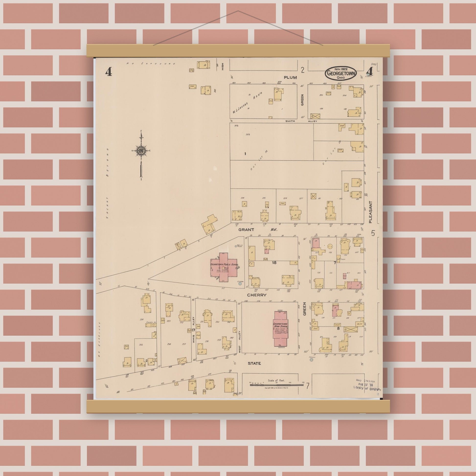 Old map wall art mockup — magnetic wood frame on brick wall — Sanborn Fire Insurance Map from Georgetown, Brown County, Ohio (1922), Sheet #0004