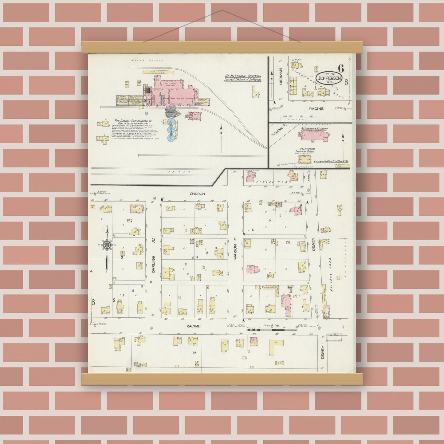 Old map wall art mockup — magnetic wood frame on brick wall — Sanborn Fire Insurance Map from Jefferson, Jefferson County, Wisconsin (1914), Sheet #0006
