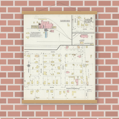 Old map wall art mockup — magnetic wood frame on brick wall — Sanborn Fire Insurance Map from Jefferson, Jefferson County, Wisconsin (1914), Sheet #0006