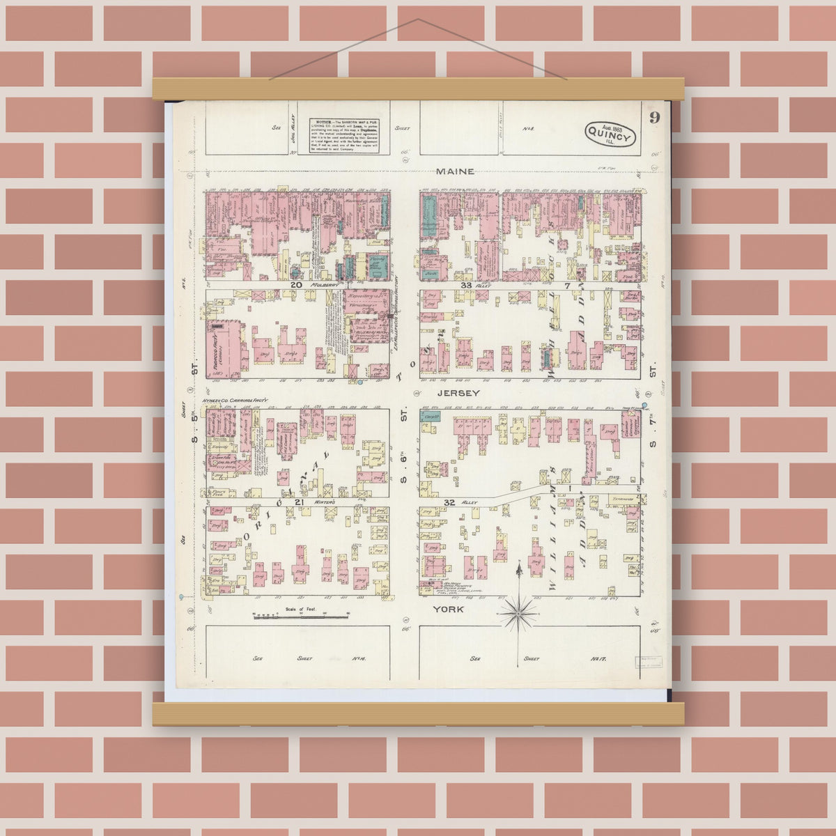 Old map wall art mockup — magnetic wood frame on brick wall — Sanborn Fire Insurance Map from Quincy, Adams County, Illinois (1883), Sheet #0009