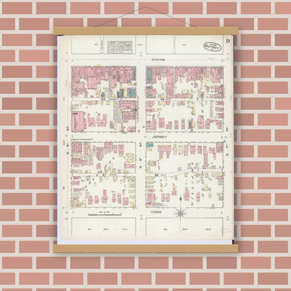 Old map wall art mockup — magnetic wood frame on brick wall — Sanborn Fire Insurance Map from Quincy, Adams County, Illinois (1883), Sheet #0009