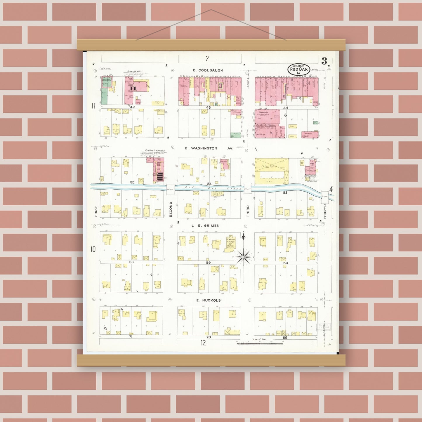 Old map wall art mockup — magnetic wood frame on brick wall — Sanborn Fire Insurance Map from Red Oak, Montgomery County, Iowa (1908), Sheet #0003