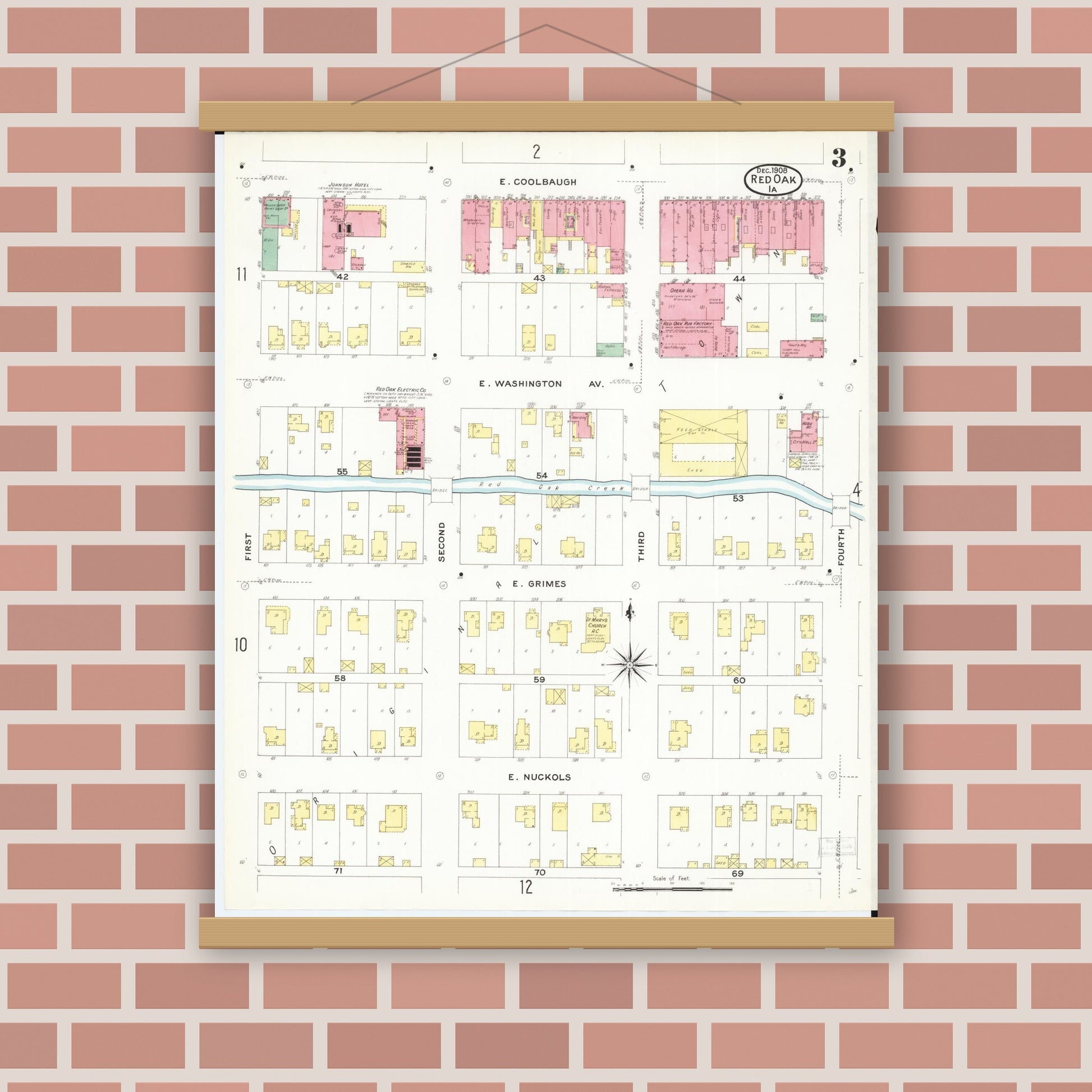 Old map wall art mockup — magnetic wood frame on brick wall — Sanborn Fire Insurance Map from Red Oak, Montgomery County, Iowa (1908), Sheet #0003