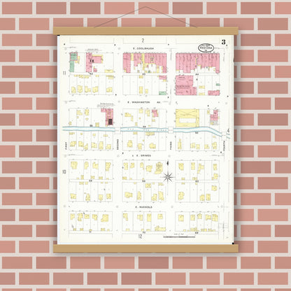 Old map wall art mockup — magnetic wood frame on brick wall — Sanborn Fire Insurance Map from Red Oak, Montgomery County, Iowa (1908), Sheet #0003