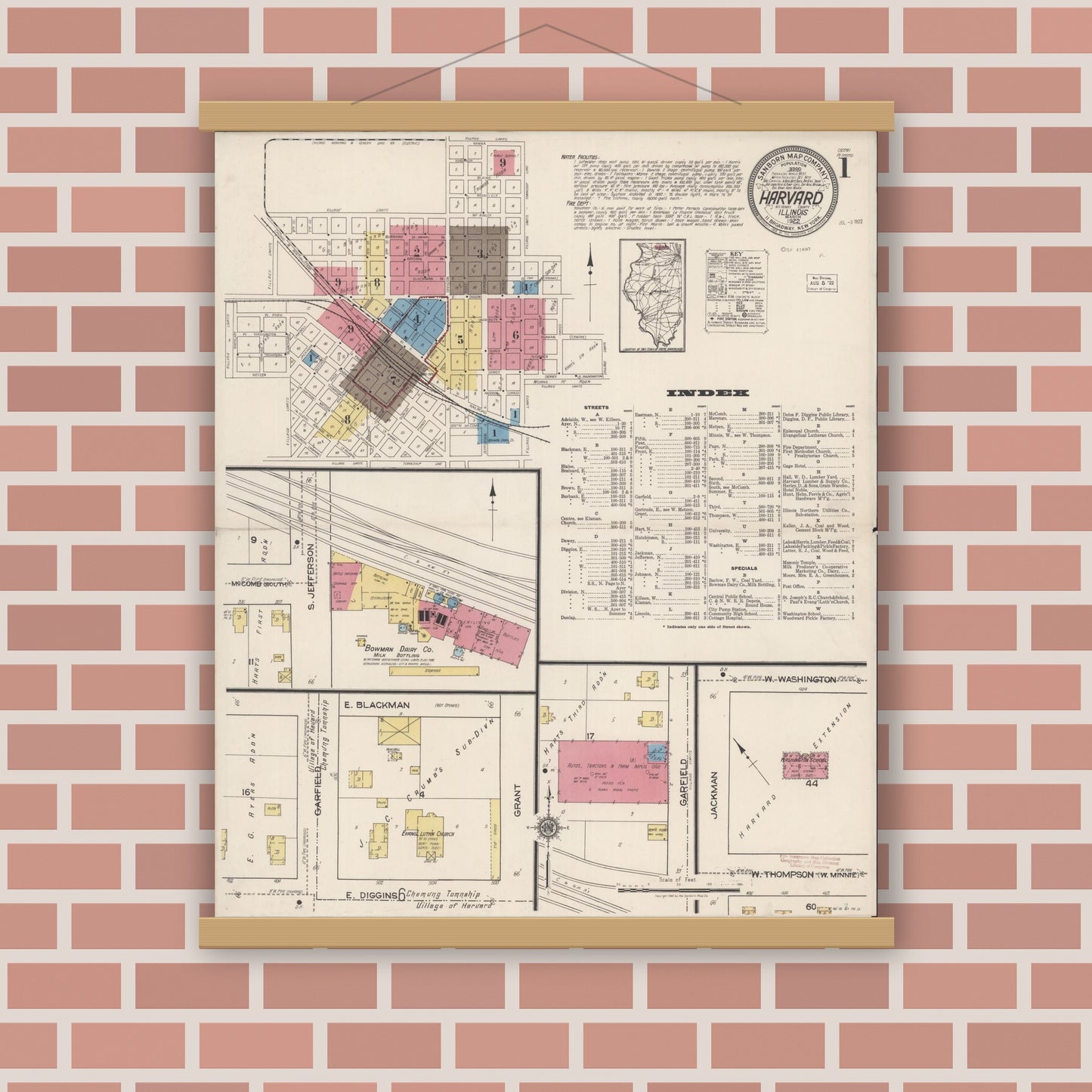 Old map wall art mockup — magnetic wood frame on brick wall — Sanborn Fire Insurance Map from Harvard, McHenry County, Illinois (1922) - Complete Map Set