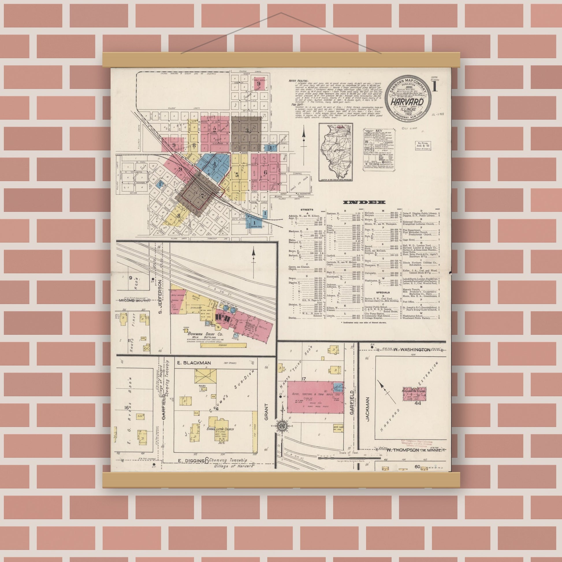 Old map wall art mockup — magnetic wood frame on brick wall — Sanborn Fire Insurance Map from Harvard, McHenry County, Illinois (1922) - Complete Map Set