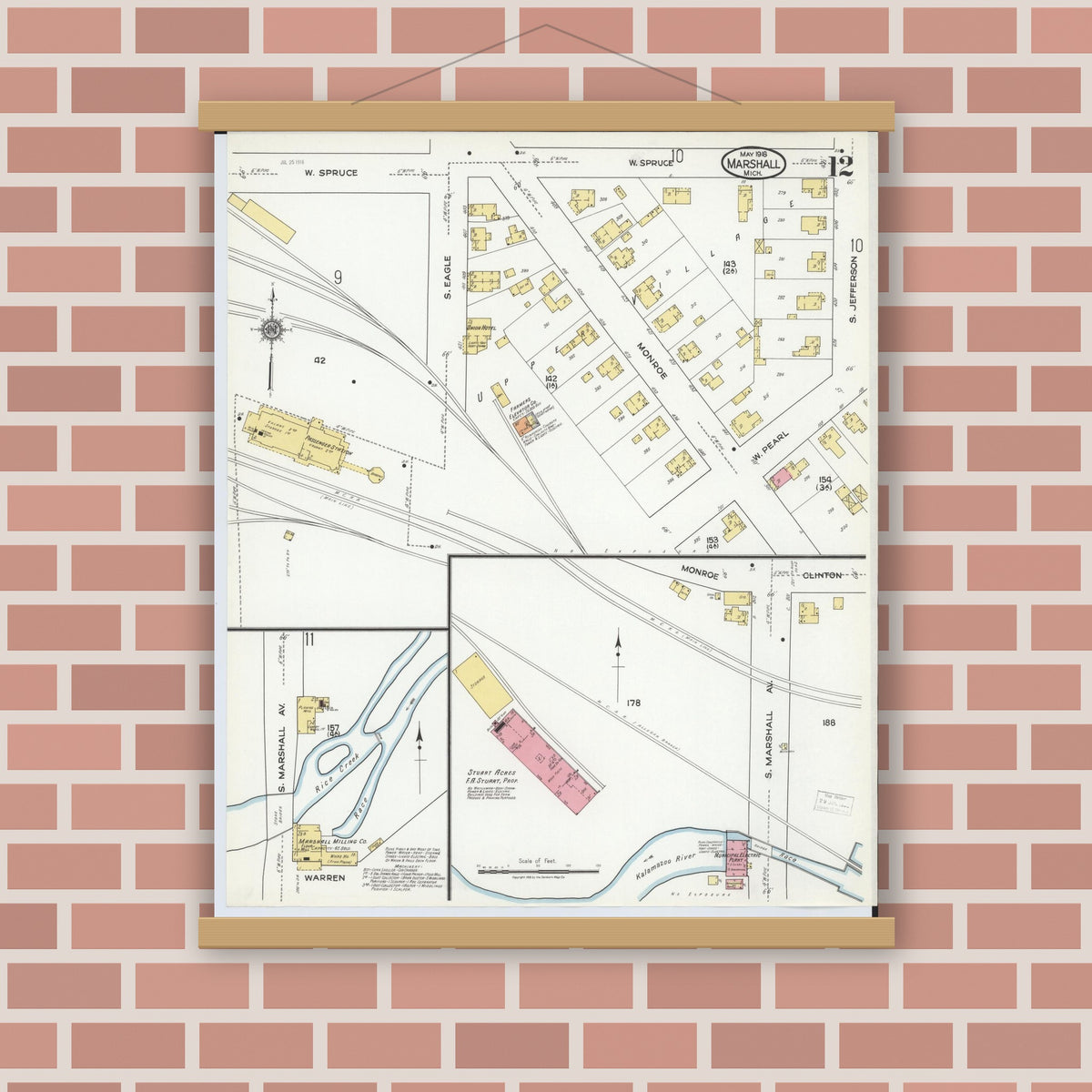 Old map wall art mockup — magnetic wood frame on brick wall — Sanborn Fire Insurance Map from Marshall, Calhoun County, Michigan (1916), Sheet #0012