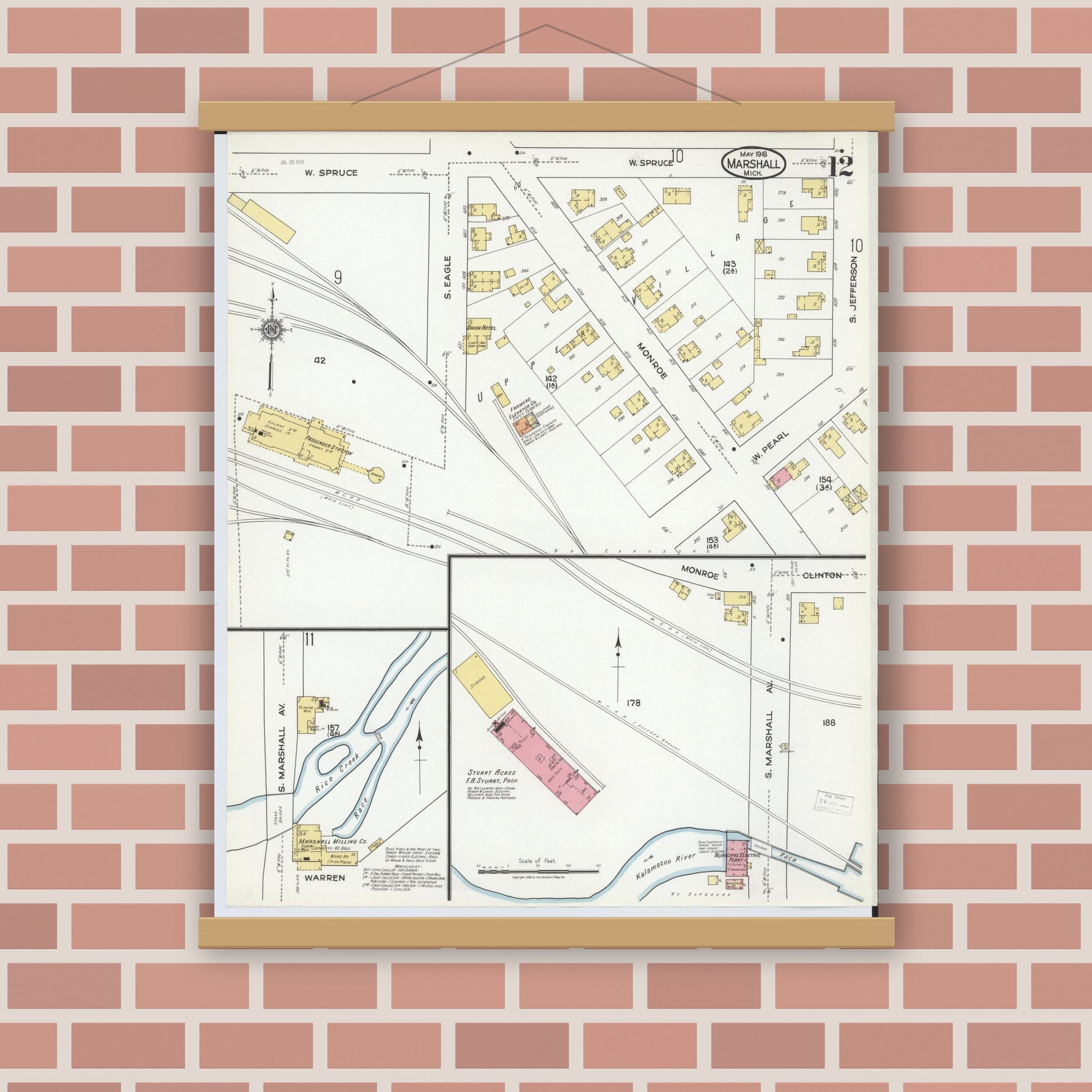 Old map wall art mockup — magnetic wood frame on brick wall — Sanborn Fire Insurance Map from Marshall, Calhoun County, Michigan (1916), Sheet #0012