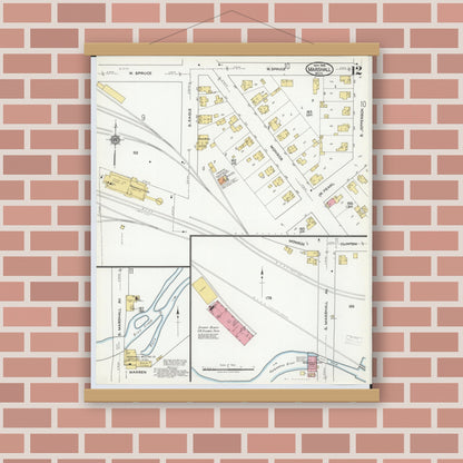 Old map wall art mockup — magnetic wood frame on brick wall — Sanborn Fire Insurance Map from Marshall, Calhoun County, Michigan (1916), Sheet #0012
