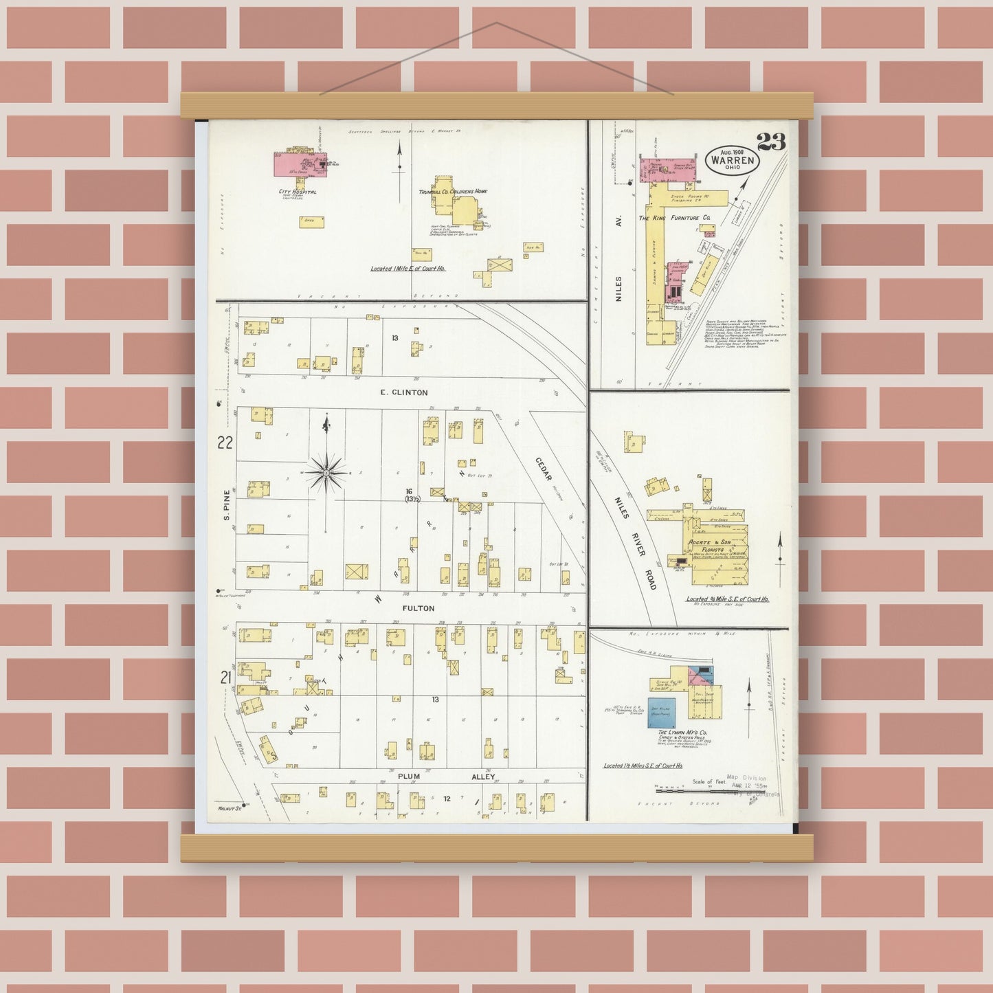 Old map wall art mockup — magnetic wood frame on brick wall — Sanborn Fire Insurance Map from Warren, Trumbull County, Ohio (1908), Sheet #0023