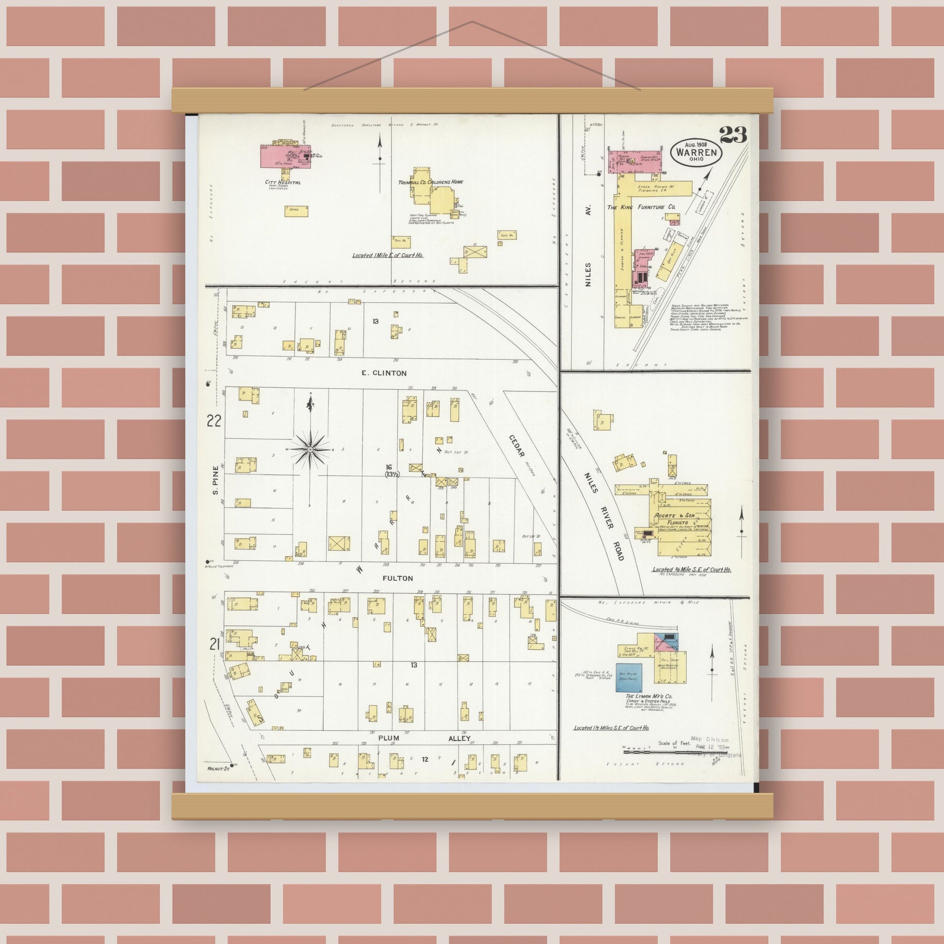 Old map wall art mockup — magnetic wood frame on brick wall — Sanborn Fire Insurance Map from Warren, Trumbull County, Ohio (1908), Sheet #0023