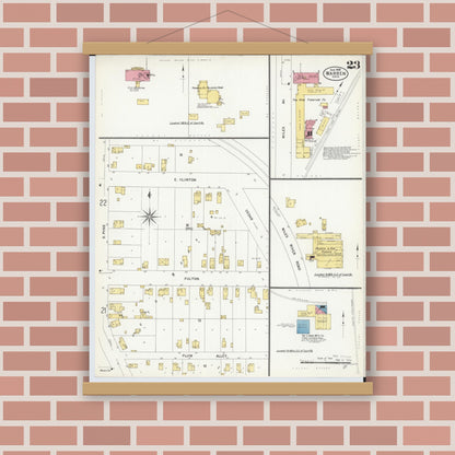 Old map wall art mockup — magnetic wood frame on brick wall — Sanborn Fire Insurance Map from Warren, Trumbull County, Ohio (1908), Sheet #0023