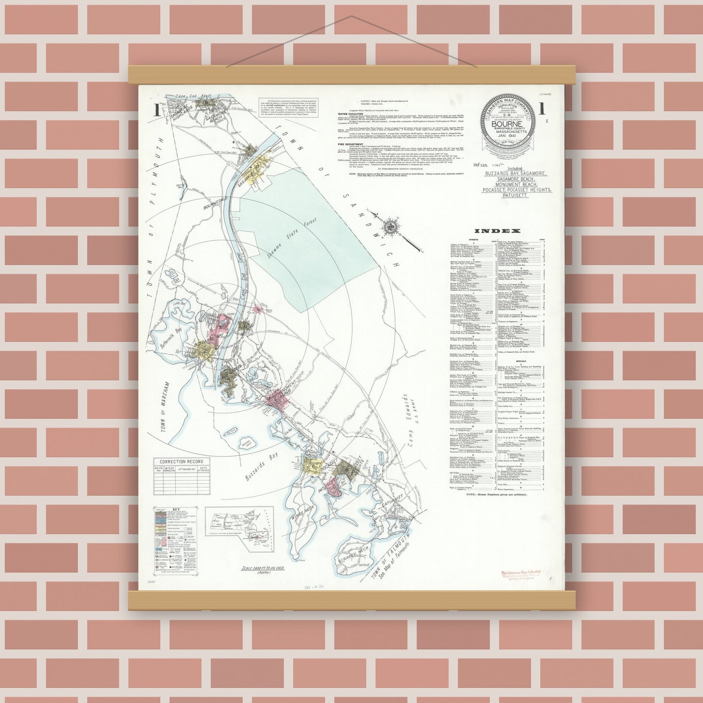 Old map wall art mockup — magnetic wood frame on brick wall — Sanborn Fire Insurance Map from Bourne, Barnstable County, Massachusetts (1941), Sheet #0001